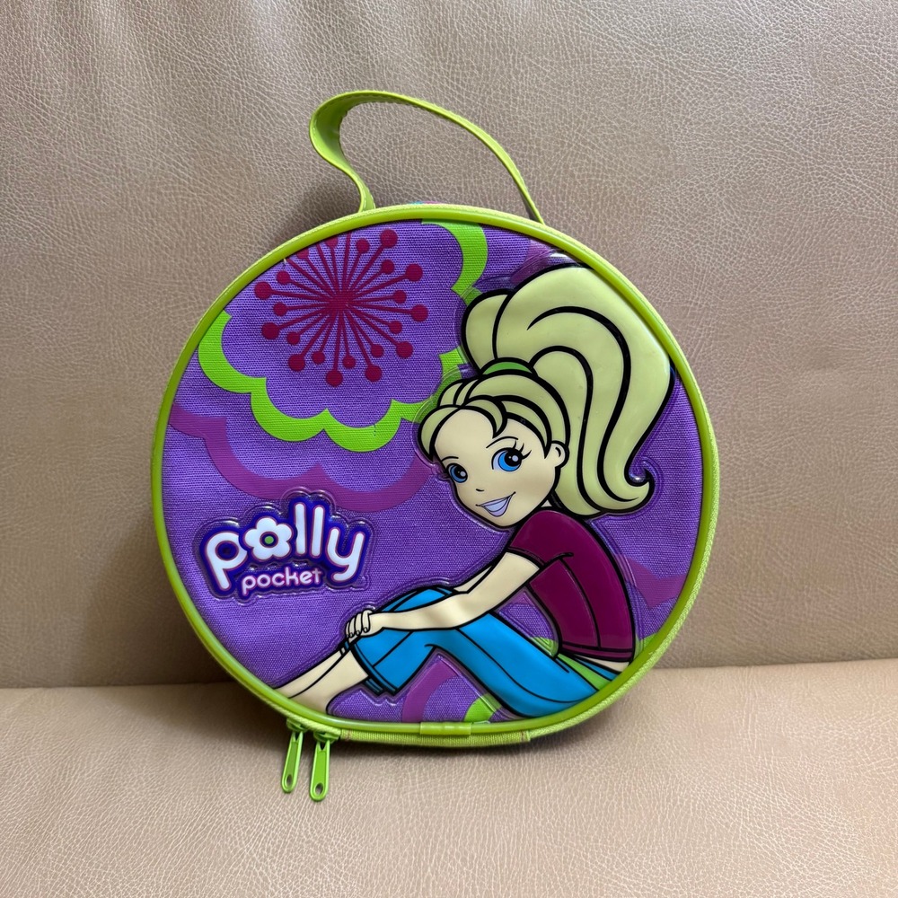 Vintage Polly Pocket Carrying Case Purple Lime Green Round Storage Bag 2000s